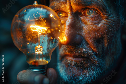An individual deep in contemplation  with a luminous lightbulb hovering above  symbolizing a breakthrough moment. Concept of illumination and insight. Generative Ai.