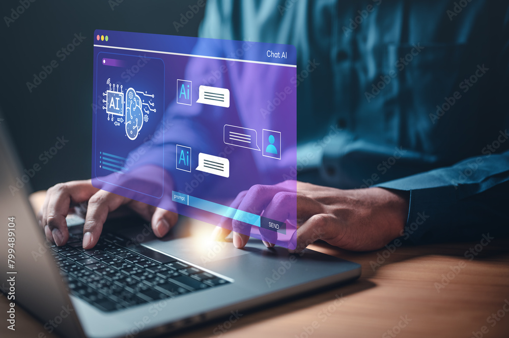 ai, artificial, innovation, brain, software, future, intelligence, marketing, multi, neural. A man is using a laptop with screen of Concept of artificial intelligence and the potential of technology. ai, artificial, innovation, brain, software, future, intelligence, marketing, multi, neural. A man is using a laptop with screen of Concept of artificial intelligence and the potential of technology.