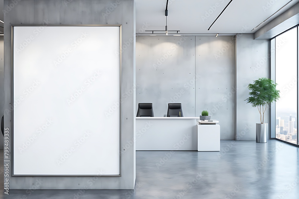 Modern concrete office reception with empty white mock up banner and panoramic window with city view. Workplace concept. 3D Rendering. Modern concrete office reception with empty white mock up banner and panoramic window with city view. Workplace concept. 3D Rendering.