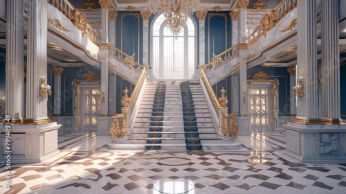 Regal golden Carpet Staircase with Ornate Golden railing, luxury Interior design photo