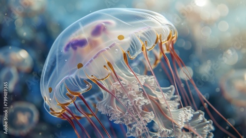 Elegant Jellyfish Floating Gracefully Underwater with Sunlight Filter photo