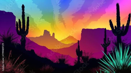 Colorful Desert Sunset Silhouette with Cacti and Mountains