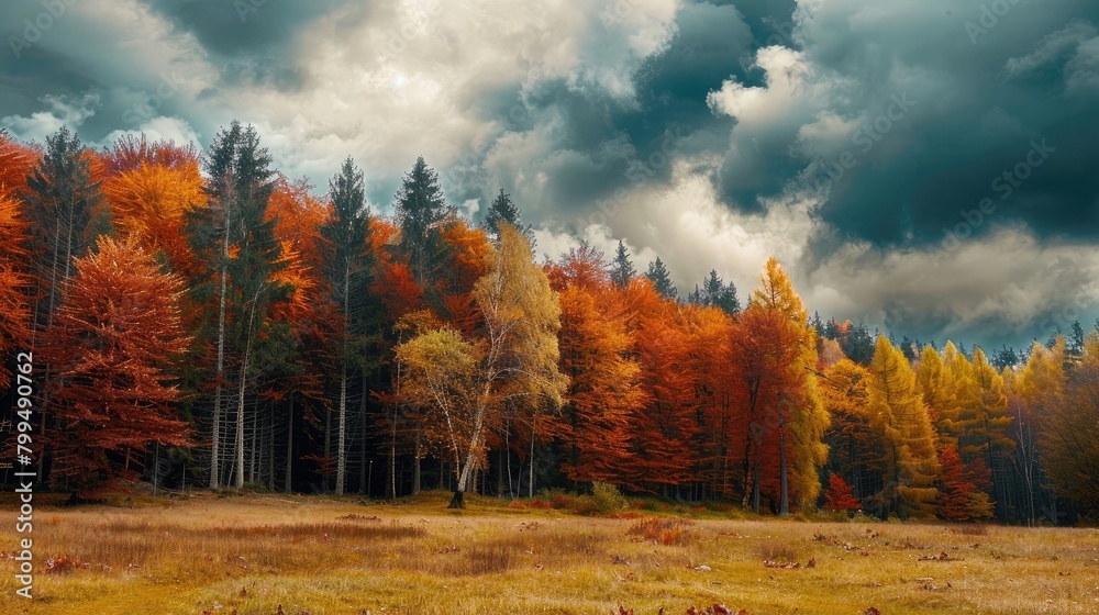 Autumn in forest colorful trees with cloudy sky