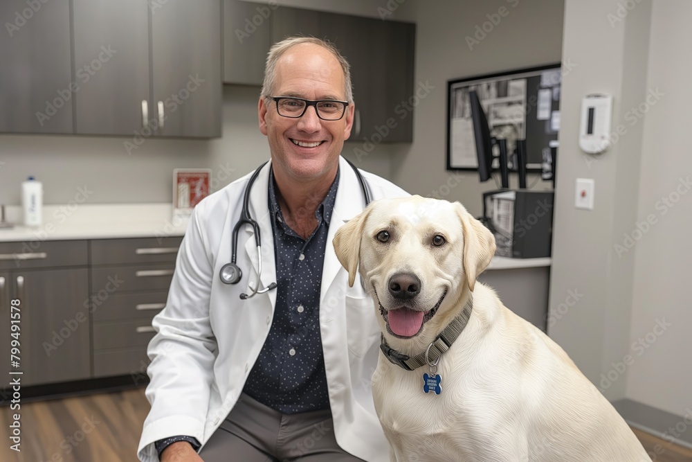 Veterinarian examining a dog in a veterinary clinic. Pet care concept.
