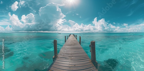Beautiful blue sea and sky with pier in island, panoramic view of tropical beach resort graphic background for website photo