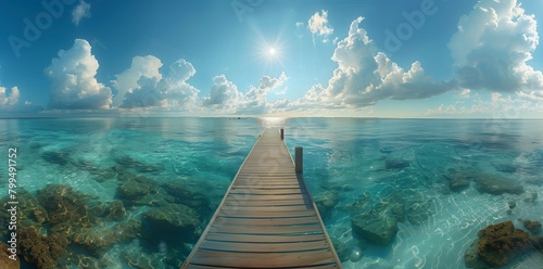 Beautiful blue sea and sky with pier in island, panoramic view of tropical beach resort graphic background for website