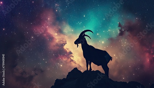 Silhouette of a goat standing on a mountain with a galaxy backdrop. photo