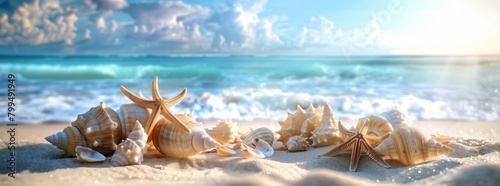 The beach is covered with white sand, and there is an ocean in the background. There were three seashells on top of it as one starfish.
