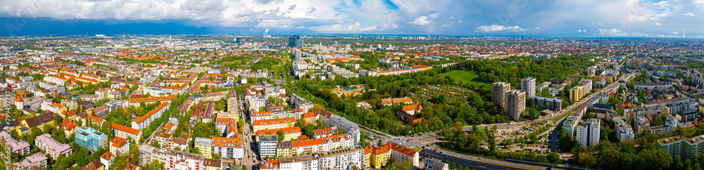 Naklejka premium Aerial view of new build area in Munich, the capital and most populous city of Bavaria