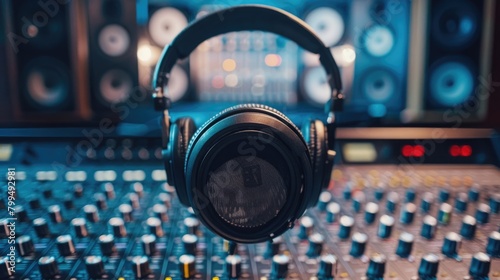 headphones on a sound mixer in a digital recording