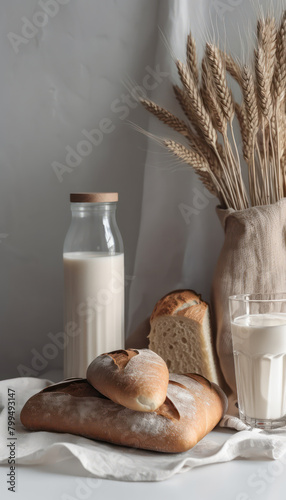 Bread, milk and a wheat on a wooden table. Concept of the Israeli holiday Shavuot.