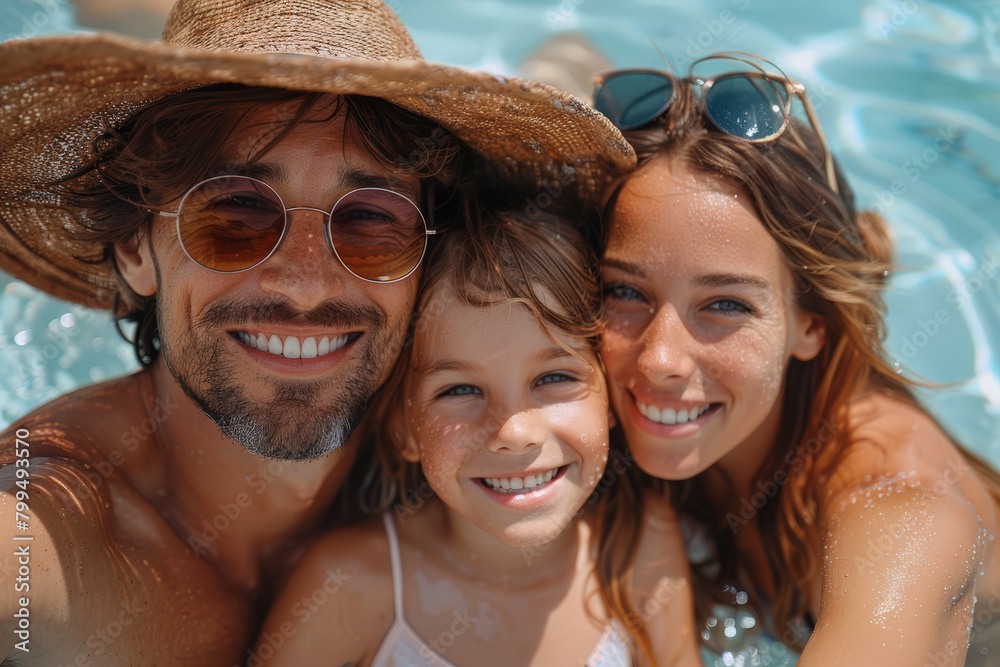 A family selfie taken during a day at the beach, capturing the fun and relaxation of a sunny outing. Concept of family vacations and beach days. Generative Ai.