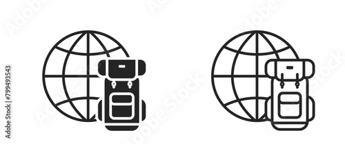 backpack and world flat and line icons. travel, vacation and journey symbol. isolated vector image for tourism design