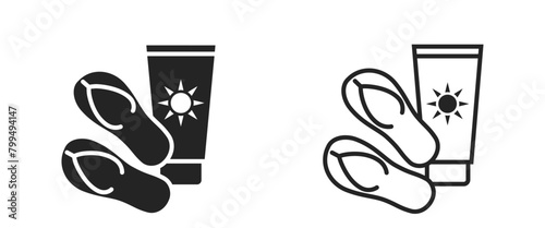 beach vacation flat and line icon. sunscreen and flip flops. summer resort symbol. isolated vector image for tourism design