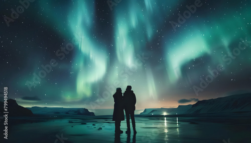 A couples silhouette framed by the majestic aurora borealis dancing across the Arctic skyar74v60 Generative AI