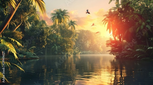 Illustrate a tranquil scene where a colorful tropical with birds and bananas