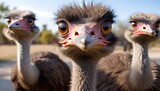 A close-up portrait of an ostrich with large, expressive eyes, a long beak, and distinctive feathers on its head