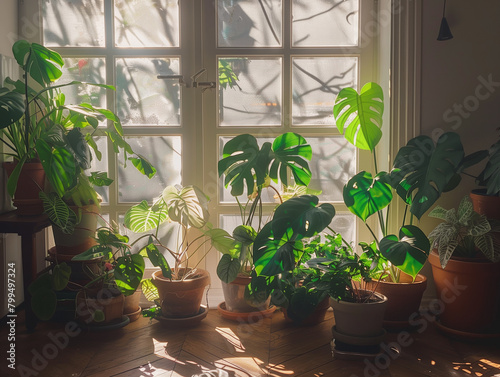 Lush Foliage of Indoor Plants Reveling in the Warm Afternoon Light