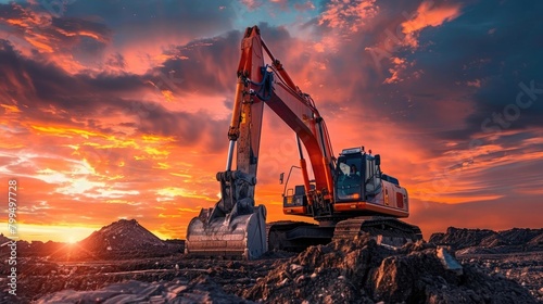 Illustrate a captivating scene where an excavator is actively engaged in earthmoving tasks under the mesmerizing canvas of a sunset.