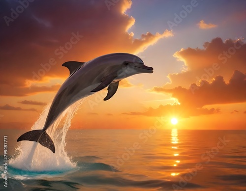 A dolphin jumping out of the water during a vibrant sunset, with the sun's rays reflecting on the ocean surface