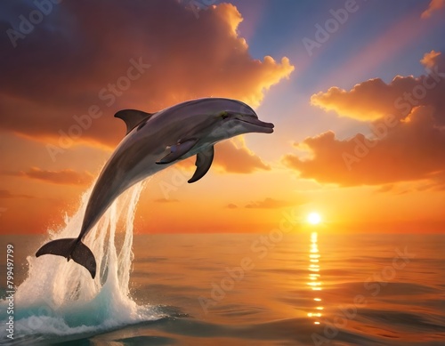 A dolphin jumping out of the water during a vibrant sunset, with the sun's rays reflecting on the ocean surface