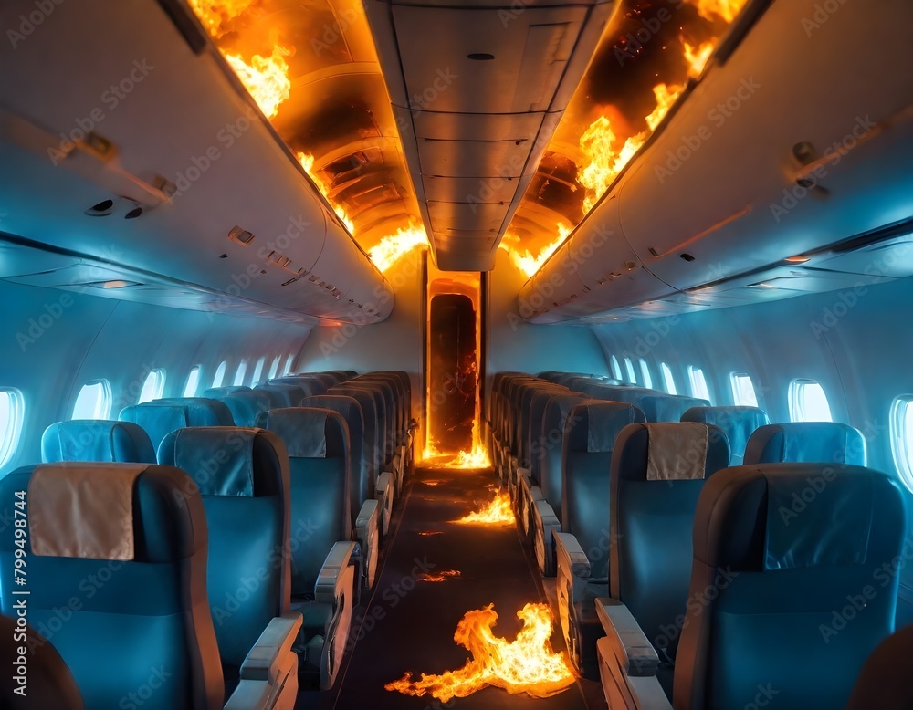 A burning airplane interior with flames and smoke, passengers' seats visible
