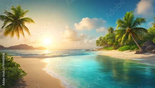  Blurred tropical beach background. Summer vacation. 