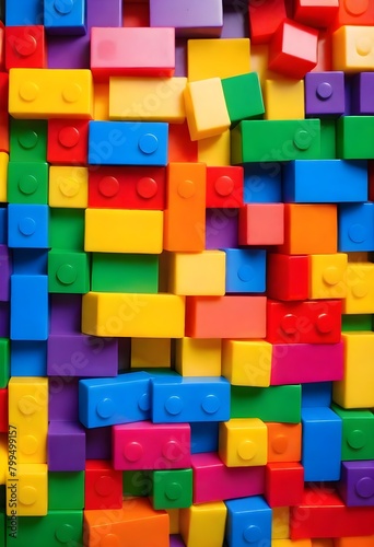 Colorful plastic building blocks in various shapes and sizes, arranged in a random pattern. The blocks are in a variety of bright colors including red, yellow, green, blue, and purple.