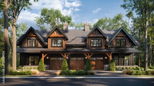 Illustrate an enticing 3D view of a contemporary, isolated home with prominent wooden elements and an attached garage