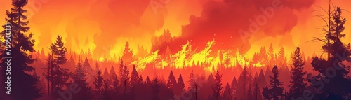 Wildfire raging through a dense forest at sunset, dramatic orange and red hues, wide angle, high contrast