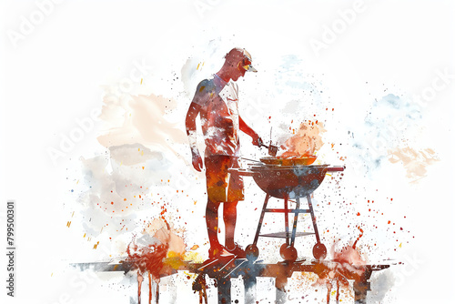 Minimalistic watercolor of barbecuing on a white background, cute and comical,