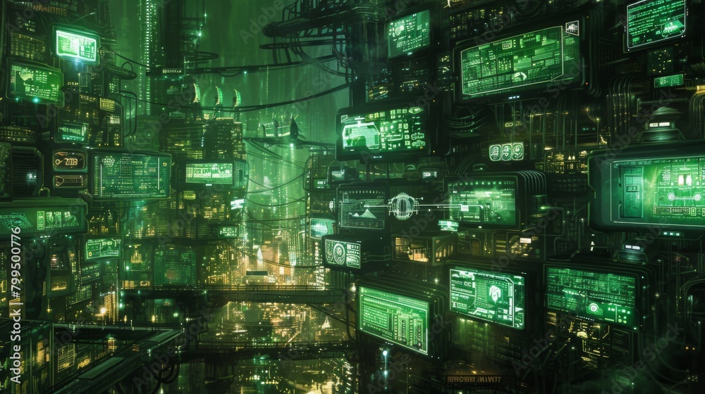 Futuristic Cyberpunk Cityscape with Complex Holographic Interfaces