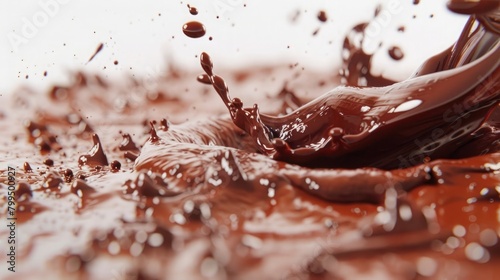 Illustrate an eye-catching 3D view of close-up shots of porous chocolate being infused with molten chocolate, all set against a clean white background.