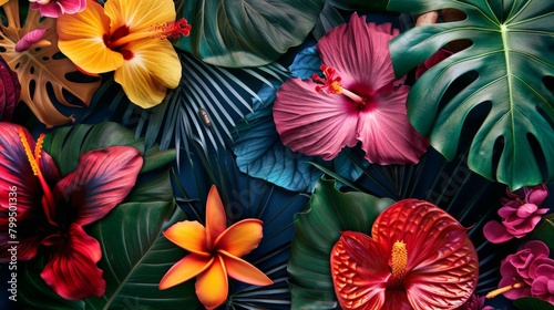 Tropical foliage and blossoms form a vibrant pattern