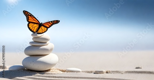 A monarch butterfly perched on a stack of smooth white stones, creating ripple patterns in the sand below against a clear blue sky background