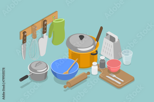 3D Isometric Flat Vector Set of Cookware Collection, Kitchen Cooking Tools
