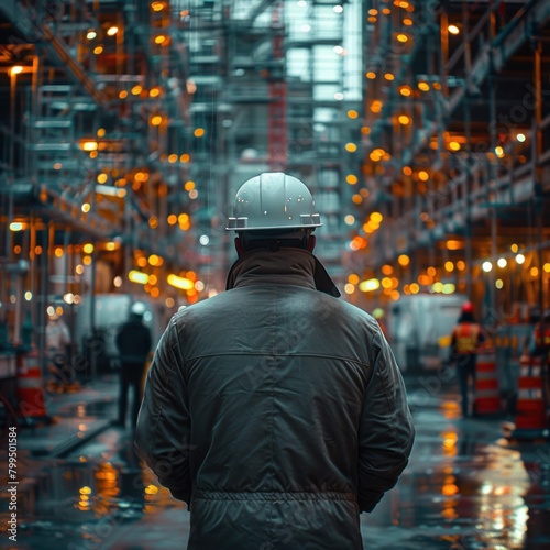 Construction supervisor worker standing seen from behind wearing a safety helmet while working, monitoring the process of building construction. blurred background