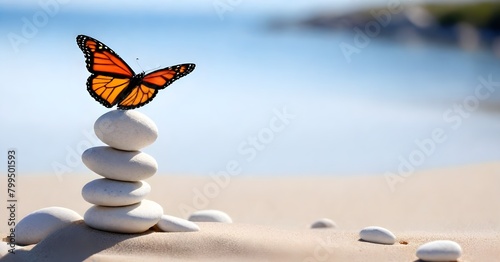 A monarch butterfly perched on a stack of smooth white stones, creating ripple patterns in the sand below against a clear blue sky background