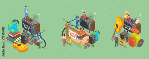 3D Isometric Flat Vector Illustration of Garage Sale, Flea Market, Bazaar