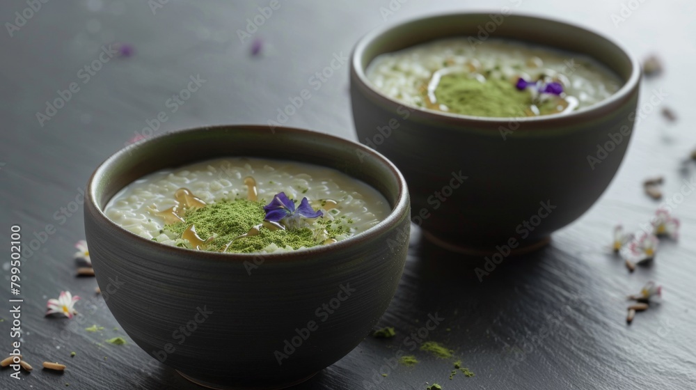Matcha Tea Chia Pudding in Ceramic Bowls on Dark Surface Matcha Tea Chia Pudding in Ceramic Bowls on Dark Surface