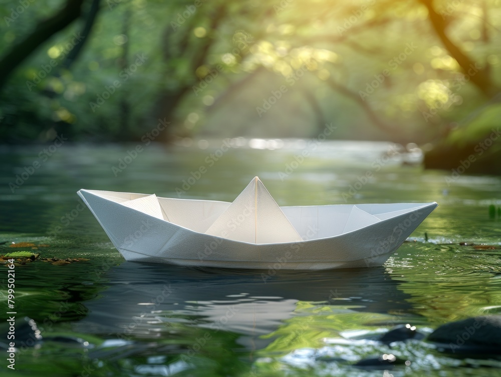 small paper boat floats peacefully on the calm surface of a flowing river, gently carried by the current.