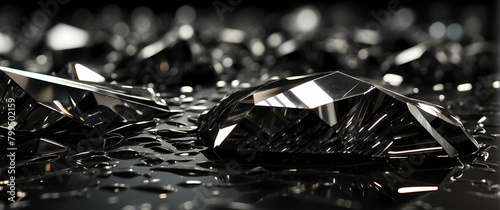This luxurious image displays several shimmering black diamonds laid out on a sleek reflective surface, epitomizing opulence and extravagance