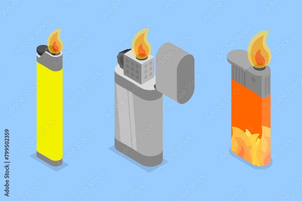 3D Isometric Flat Vector Set of Lighters, Cigarette Lighting Accessories 3D Isometric Flat Vector Set of Lighters, Cigarette Lighting Accessories
