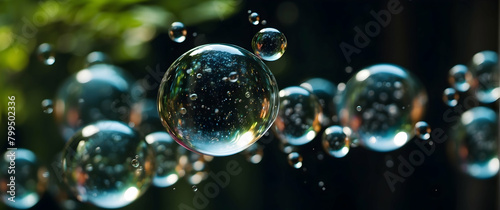 Crystal clear bubbles floating gently with a lush green nature background, giving a sense of purity and delicacy