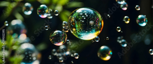 Artistic high-definition image of iridescent soap bubbles floating against a mysterious dark background