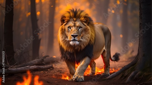 A lion in the wild is ambling through a woodland that is on fire. Orange and yellow flames engulf the forest, casting an ominous glow. The lion fur is illuminated by the fiery hues as it cautiously