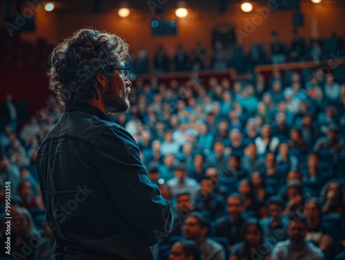 man stands confidently in an auditorium, speaking passionately to a captivated crowd of diverse individuals.