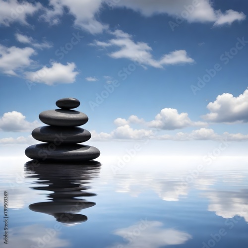 A stack of black smooth stones balanced on top of each other in a calm body of water, with a blue sky and fluffy white clouds reflected in the water