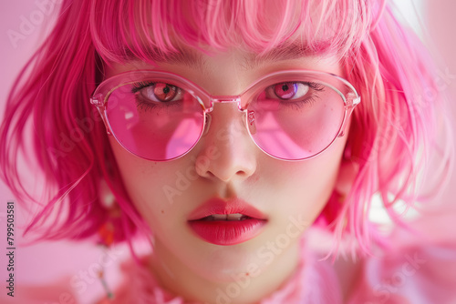 fashion forward portrait of an asian woman with pink hair and matching sunglasses