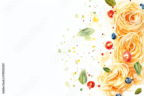Minimalistic watercolor of a pasta on a white background, cute and comical,